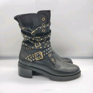 Steve Madden Leather Biker Grunge Studded Chunky Black Combat Boots Italy Size 9